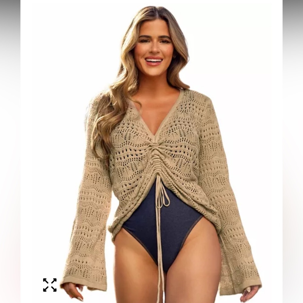 Cupshe Women's X JoJo Open Knit Asymmetrical Drawstring Cover-Up Top
